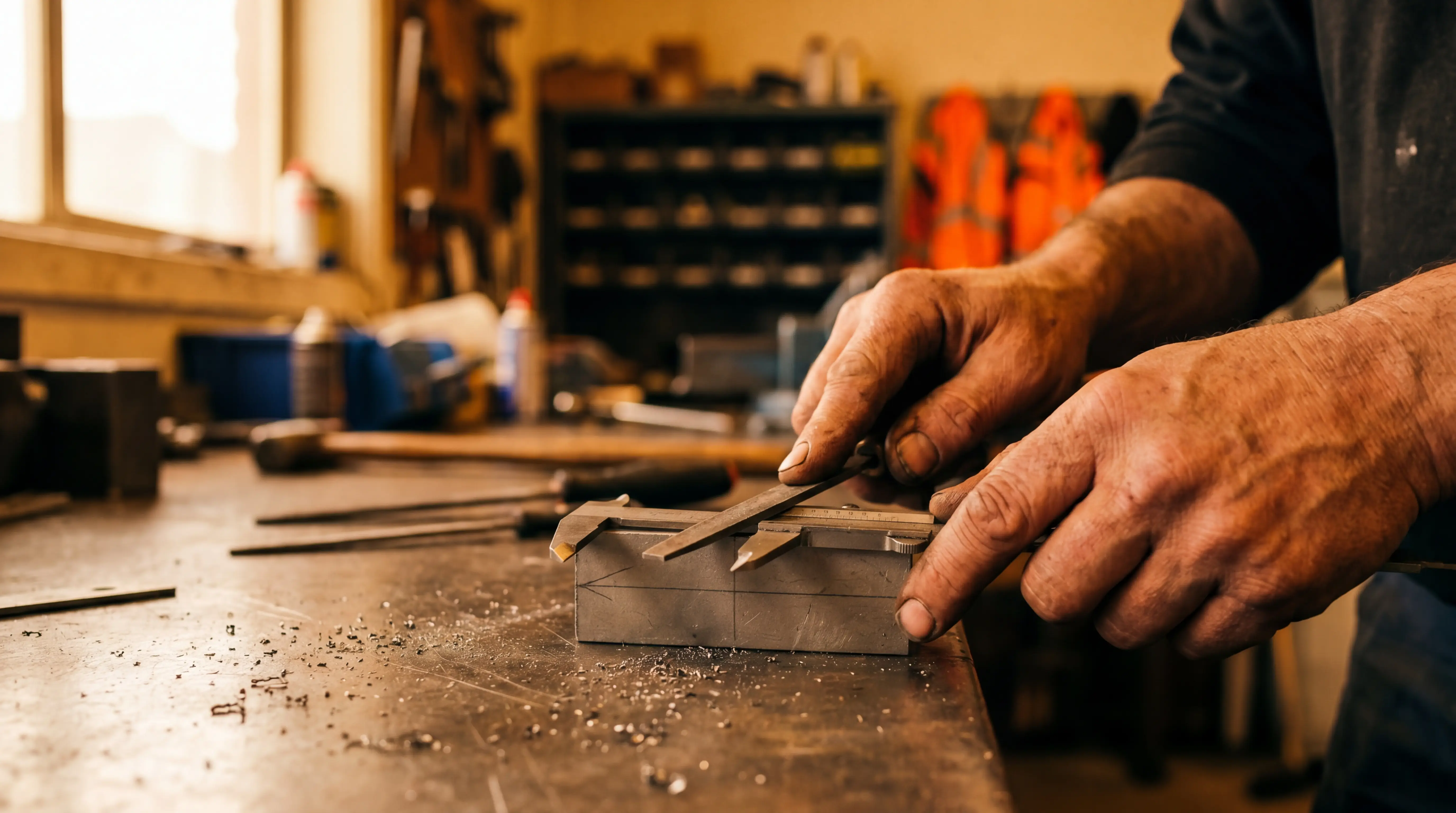 Manos curtidas de artesano trabajando con herramientas de precisión sobre metal en un taller industrial.