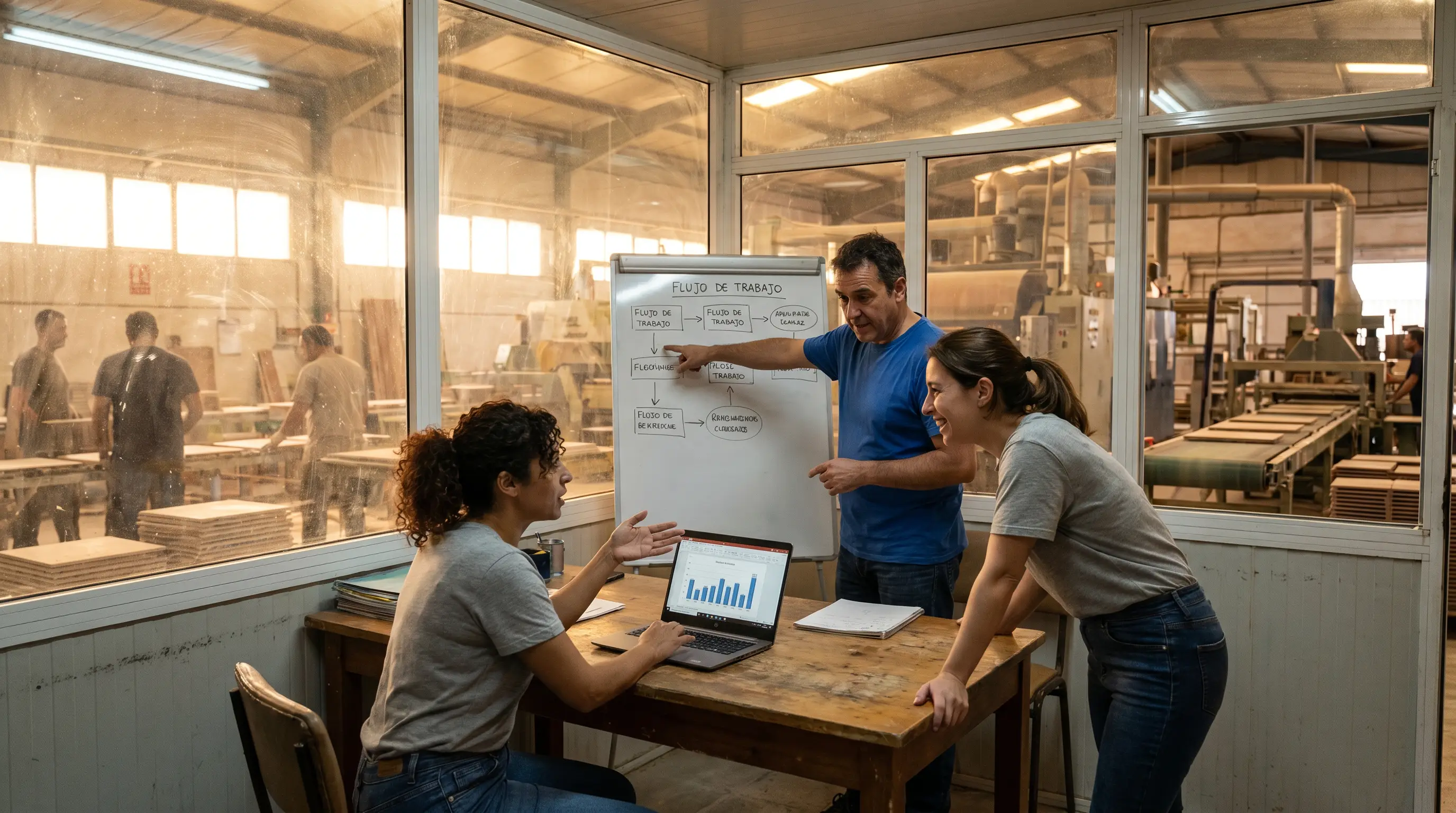 Equipo de tres personas analizando un flujo de trabajo en pizarra, con la línea de producción visible al fondo.